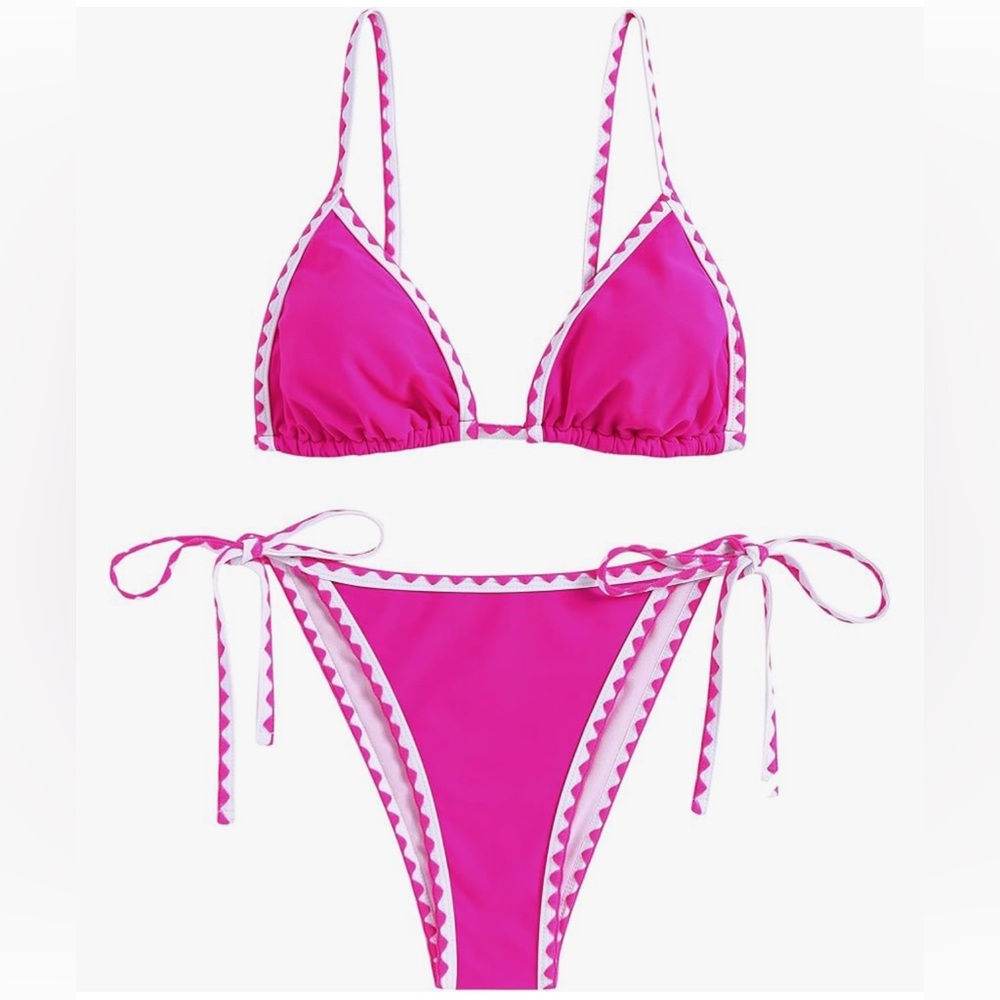 ZAFUL Women's Triangle String Bikini Tie Side Whip Stitch Hot Pink S NWT - Picture 2 of 7